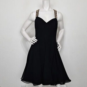 Vintage Niteline Black Gold Beading Retro Romantic Silk Fit and Flare Dress *10